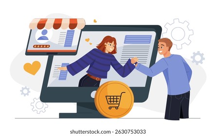 Concepto de compromiso interactivo de la tienda. Hombre y mujer se dan la mano a través de la pantalla del ordenador. Compras online y comercio electrónico. Marketing en internet. Ilustración vectorial plana