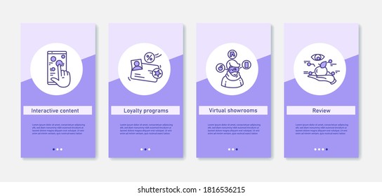 Interactive shopping mobile app.Set of app screens with interactive content, loyalty programs, virtual showrooms and review.UI, UX, web template with RGB color linear icons.Digital customer experience