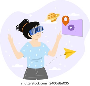 Interactive simulations illustration. Cyberspace. Metaverse Digital Virtual Reality Technology. Innovation Interactive Education at Home. Woman in VR Glasses