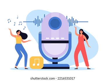 Interactive smart speaker content. Little female characters dancing near device. Cartoon voice command assistant playing music, wireless equipment with speech recognition vector illustration