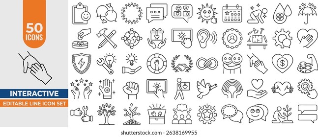 Interactive and Social Icons – 50 Editable Vector Line Icons for Workshops, Volunteering, Teamwork, Donation ana Respect