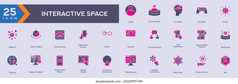 Ícones de espaço interativo coleção imagens vetoriais em estilo duotônico
contendo vários avatar, realidade virtual, capacete vr, controlador, portal, rede, objeto virtual.
para ícones da Web e de aplicativos.