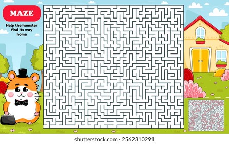 Interactive square maze activity page for kids featuring a cute hamster character trying to find the way to the house, designed in playful cartoon style.