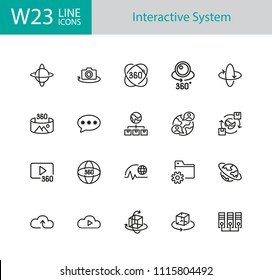 Interactive system icons. Set of line icons. Cloud service, virtual reality, social media. Internet technology concept. Illustration can be used for topics like internet technology, network, apps.