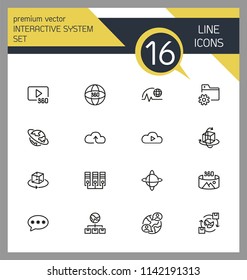 Interactive system icons. Set of line icons. Cloud service, virtual reality, social media. Internet technology concept. Illustration can be used for topics like internet technology, network, apps.