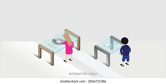 Interactive Table Vector In Wood And Steel With Touch Screen Isometric 3D Illustration.