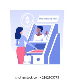 Interactive teller machine isolated concept vector illustration. Businessman using terminal with remote teller 24 for 7, ATM in brick and mortar bank, video banking technology vector concept.