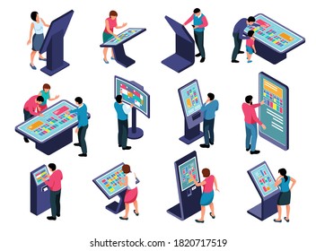 Interactive touch screen information panel users isometric icons set isolated on white background 3d vector illustration