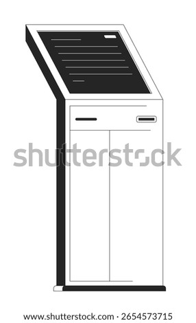Interactive touchscreen self service kiosk terminal 2D line object. Check-in touch screen display device. Bank technology isolated clipart vector ink outline item. Monochrome spot illustration