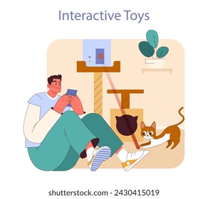 Interactive Toys concept. A man engages his playful cat with a remote-controlled toy. Joyful moments with smart gadgets.