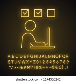 Interactive training neon light icon. Task solving. Online test. Freelance job. Person working with laptop. Glowing sign with alphabet, numbers and symbols. Vector isolated illustration