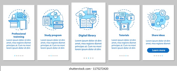 Formación interactiva sobre la pantalla de la aplicación móvil con conceptos lineales. Programa de estudio, biblioteca digital, tutoriales, compartir ideas, instrucciones de pasos. UX, UI, plantilla vectorial GUI con ilustraciones