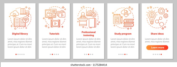 Interactive training onboarding mobile app page screen with linear concepts. Study program, digital library, tutorials, share ideas steps instructions. UX, UI, GUI vector template with illustrations