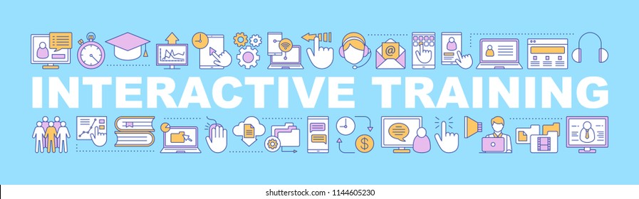 Interactive training word concepts banner. Education. Skill improvement. Isolated lettering typography idea with linear icons. Internet management. Online communication. Vector outline illustration
