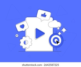 Interactive Video Funnels for Engagement Marketing. Boosting user retention through social triggers. Interactive video funnel with play icon, engagement button and targeting arrow vector illustration