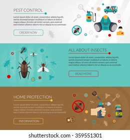 Interactive website for information about insects pest control and extermination 3 flat horizontal banners set isolated vector illustration  