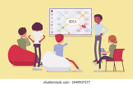 Interactive white board, smartboard presentation for start up. Young happy man, future entrepreneur standing at touchscreen, working with audience on new idea. Vector flat style cartoon illustration