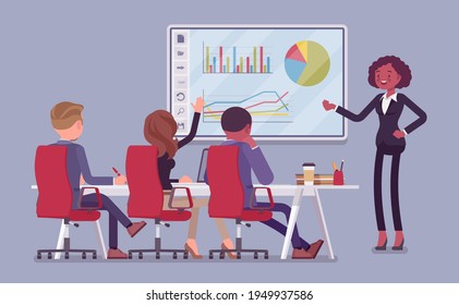 Interactive white board, smartboard presentation for business people. Businesswoman standing at touchscreen, data slides showing, planning working with audience. Vector flat style cartoon illustration