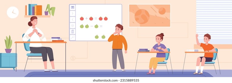 Interaktives Whiteboard im Klassenzimmer. Schüler mit digitalem Touchscreen-Board, Lehrer mit elektronischer Interaktionstechnologie der Schulklasse, Vektorgrafik des Unterrichts