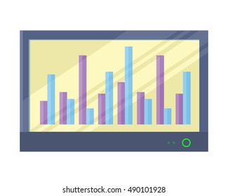 Interactive whiteboard on the wall with Infographics. Board at a presentation with information, scheme, diagram. On whiteboard show financial and analytical information. Isolated object in flat