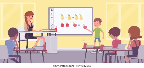 Interactive whiteboard, smart board learning and presentation for school. Boy standing at touchscreen in front of classroom, doing math adding and subtracting. Vector flat style cartoon illustration