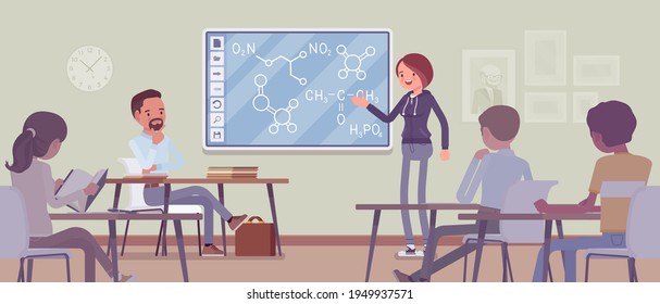 Interactive whiteboard, smart board learning and presentation for university. Girl standing at touchscreen in front of classroom, explaining lesson for students. Vector flat style cartoon illustration