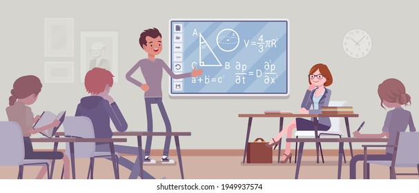 Interactive Whiteboard, Smart Board Learning And Presentation For University. Boy Standing At Touchscreen In Front Of Classroom, Explaining Lesson For Students. Vector Flat Style Cartoon Illustration