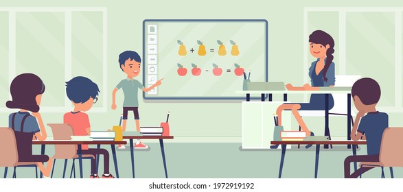 Interactive whiteboard, smart board learning and presentation for school. Boy standing at touchscreen in front of classroom, doing math adding and subtracting. Vector creative stylized illustration