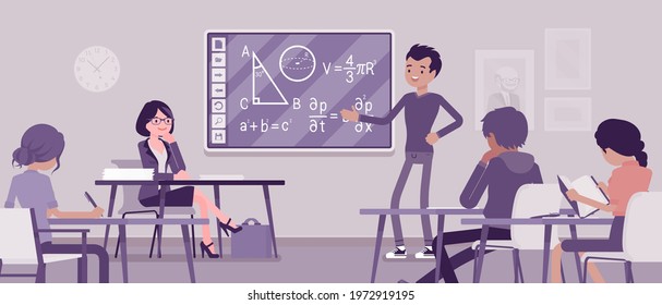 Interactive whiteboard, smart board learning and presentation for university. Boy standing at touchscreen in front of classroom, explaining lesson for students. Vector creative stylized illustration