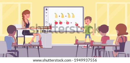 Interactive whiteboard, smart board learning and presentation for school. Boy standing at touchscreen in front of classroom, doing math adding and subtracting. Vector flat style cartoon illustration