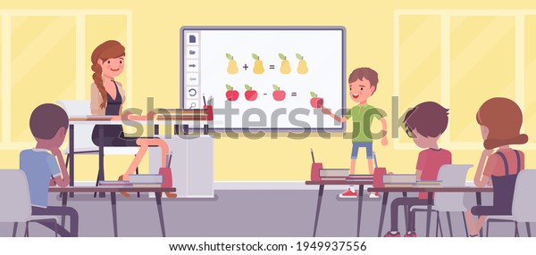 Interactive whiteboard, smart board learning\
and presentation for school. Boy standing at touchscreen in front\
of classroom, doing math adding and subtracting. Vector flat style\
cartoon\
illustration
