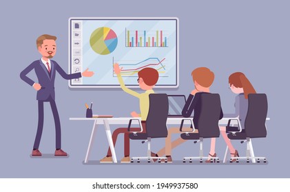 Interactive whiteboard, smart board presentation for business people. Businessman standing at touchscreen, data slides showing, planning, working with audience. Vector flat style cartoon illustration