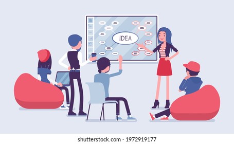 Interactive Whiteboard, Smart Board Presentation For Start Up. Young Happy Woman, Future Entrepreneur Standing At Touchscreen, Working With Audience On New Idea. Vector Creative Stylized Illustration