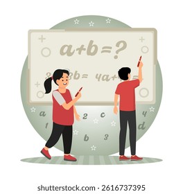 Interactive whiteboard. Two children solving math problems on a board, emphasizing education, learning, and teamwork. Flat vector modern illustration 