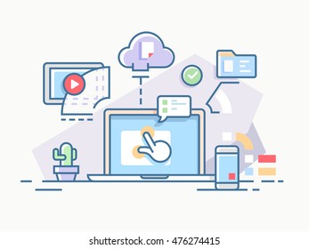 Interactive workflow process using computers and cloud services. Vector illustration.