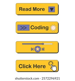 Interactive yellow buttons for web design featuring icons for reading, coding, music, and navigation