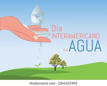 Interamerican Water Day, text in English, drop of water falling on a hand with care, we have to take care of the planet, concept of taking care of the planet's water.