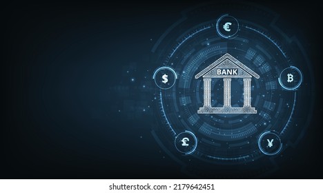 Interbank  Currency exchange concept.Money transfer, FinTech financial technology, bank and currency icon isolated on dark blue background. Vector illustration.