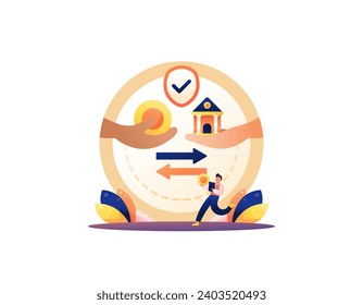 Transacciones interbancarias. Seguridad durante el proceso de transacción. Enviar y recibir dinero. seguridad del dinero del cliente. concepto bancario. finanzas. diseño de concepto de ilustración. elementos gráficos. Vector