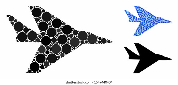 Intercepter plane composition of filled circles in different sizes and shades, based on intercepter plane icon. Vector circle elements are united into blue composition.