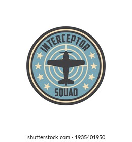 Abfangkommando-Staffel-Kämpferinsignien auf nicht-beauftragten Offizieren Uniform isolierten Patch mit Militärflugzeugen. Vektorgrafik mit Flugzeug, Flugzeugjet-Kampfflugzeug, Supermarine-Spuckfeuer. Düsemblem