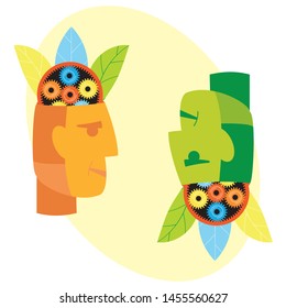 Interchange of ideas. Vector illustration of the search for creative ideas, abstract human head generating thoughts and ideas, environmental solutions.