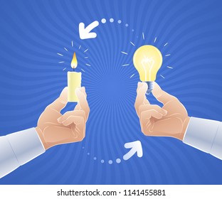 Interchange or replacement of an old idea for a new one. Vector illustration on the subject of 'Creativeness / Innovations'.