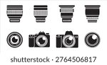 Interchangeable camera lens icons, professional photography equipment, optical device symbols, digital camera body.