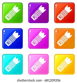 Interchangeable lens for camera icons of 9 color set isolated vector illustration