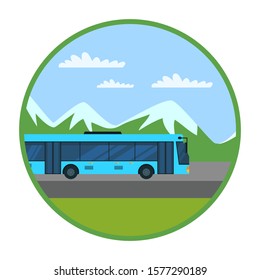 Intercity bus flat vector illustration. Interurban public transport. Mountain landscape in green circle frame isolated on white background. Passenger autobus, shuttle bus. Convenient service