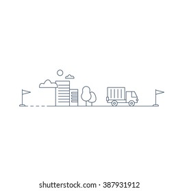 Intercity delivery. Logistics services, truck transportation, move in house, linear illustration