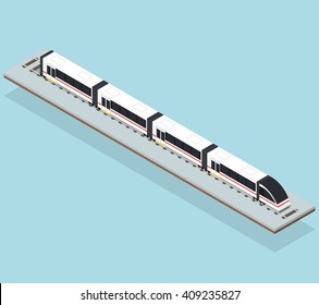 Intercity fast train. Flat isometric. Transportation underground. Passenger transport. Travel and tourism . Rails and high-speed car. Vector illustration.