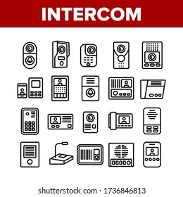 Intercom Communication Collection Icons Set Vector. Intercom Electronic Protection Device For Communicate, Microphone And Door Bell Concept Linear Pictograms. Monochrome Contour Illustrations