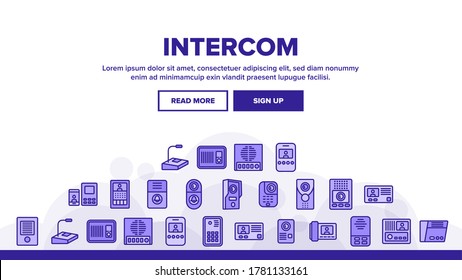 Intercom Communication Landing Web Page Header Banner Template Vector. Intercom Electronic Protection Device For Communicate, Microphone And Door Bell Illustrations